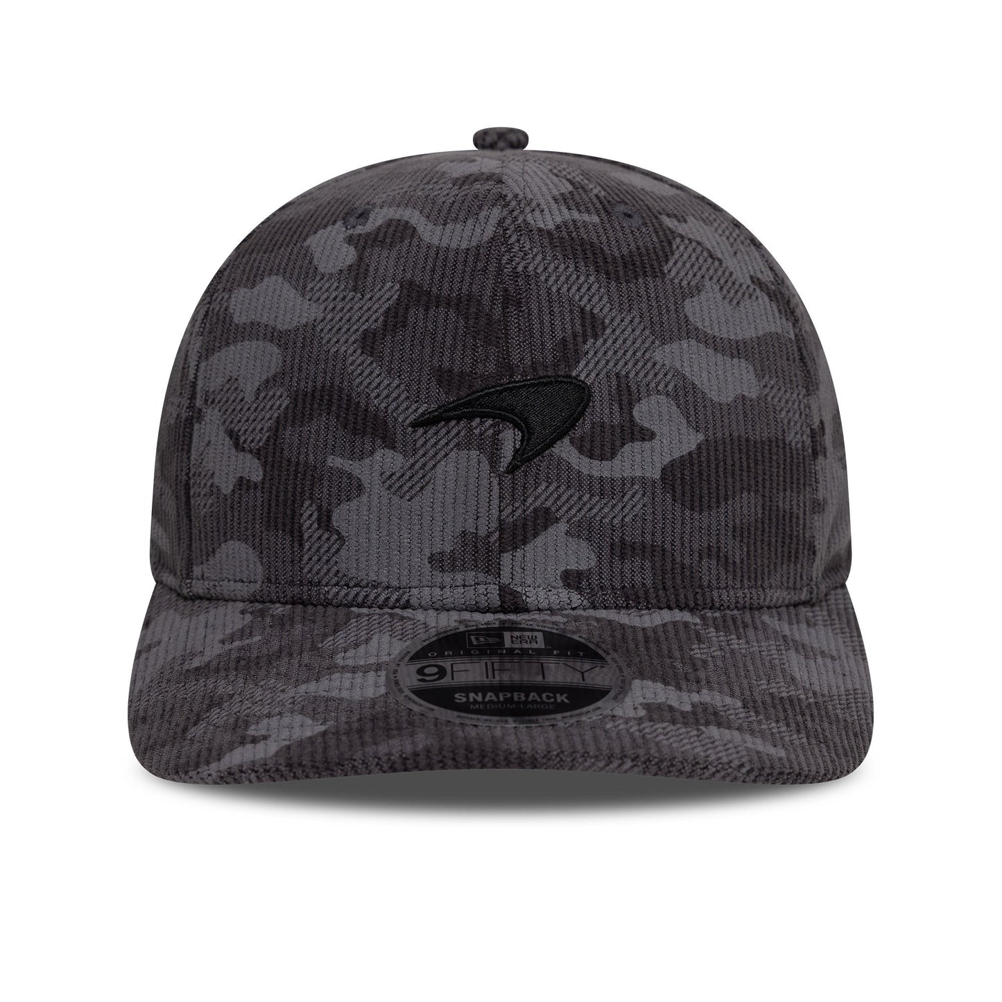 Cappello unisex New Era McLaren F1 Team in velluto a coste mimetico 9Fifty Pre-Curve, nero, 2025