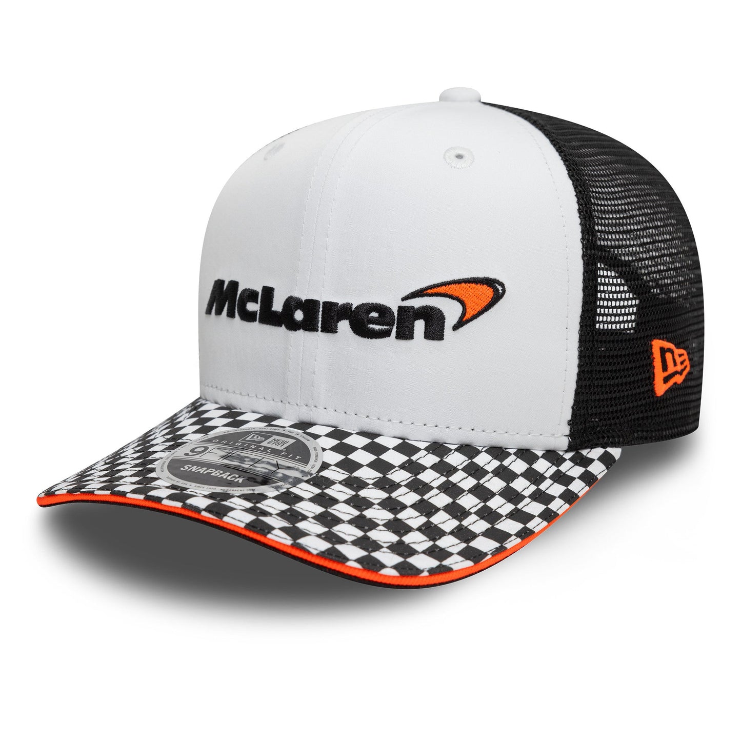 Cappello unisex con visiera a scacchi McLaren F1 Team New Era 9Fifty Pre-Curve, bianco, 2025