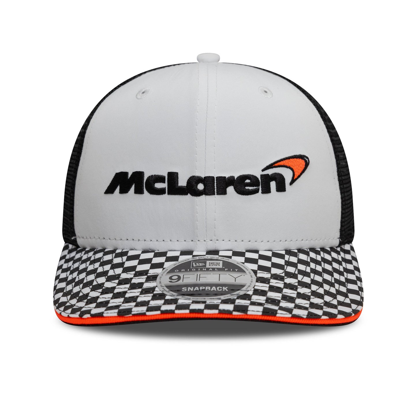Cappello unisex con visiera a scacchi McLaren F1 Team New Era 9Fifty Pre-Curve, bianco, 2025