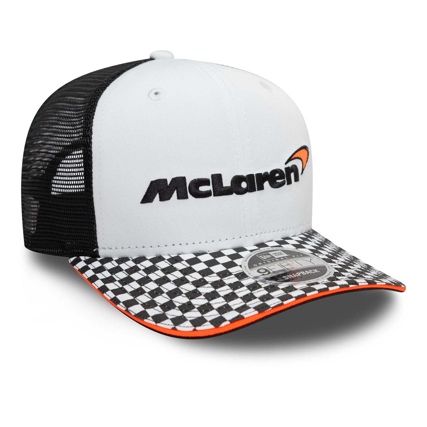 Cappello unisex con visiera a scacchi McLaren F1 Team New Era 9Fifty Pre-Curve, bianco, 2025