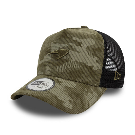 Cappellino da camionista unisex New Era McLaren F1 Team in velluto a coste mimetico 9Forty E-Frame verde 2025
